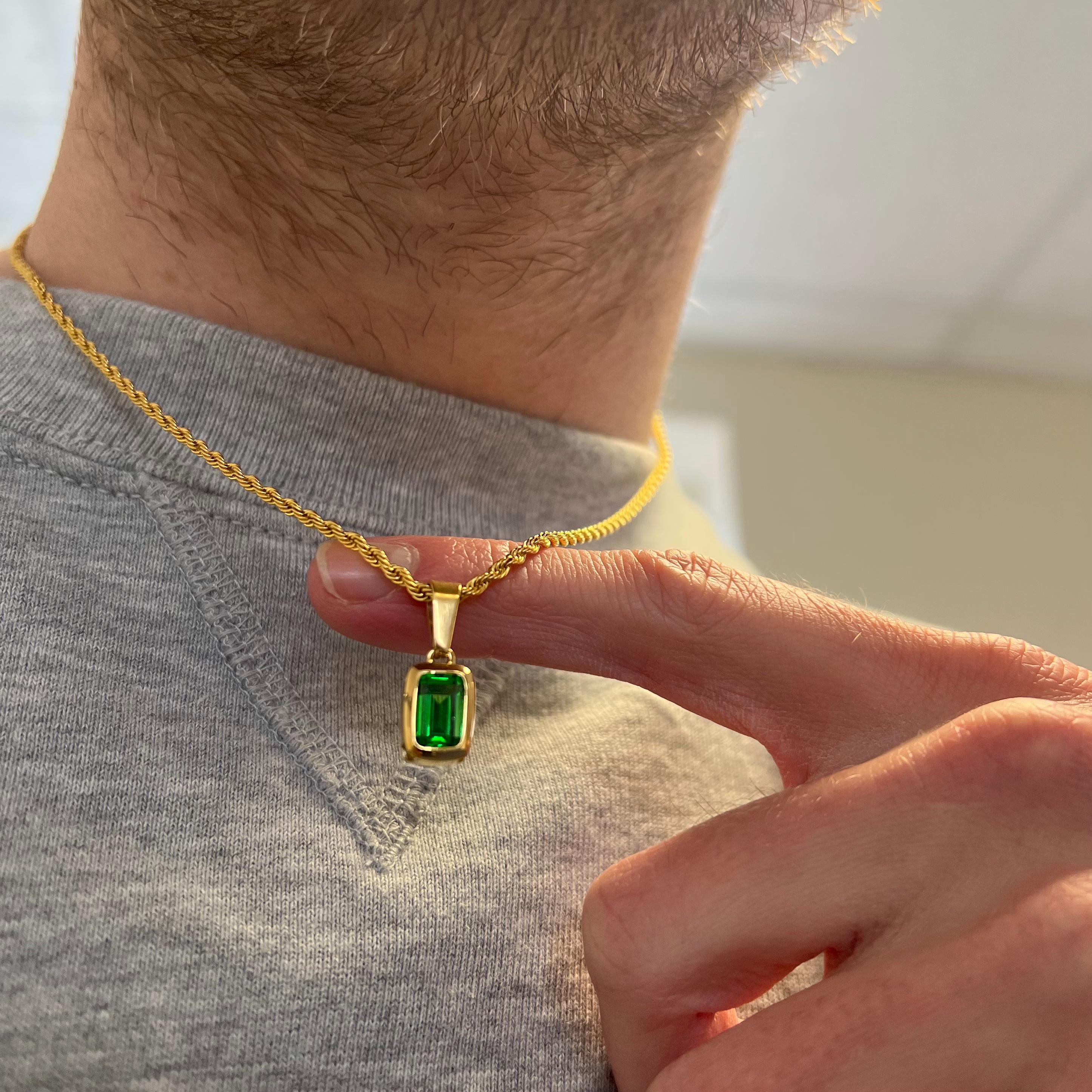 Mens Necklace - Gold Green Emerald CZ Necklace Set - Green Gem