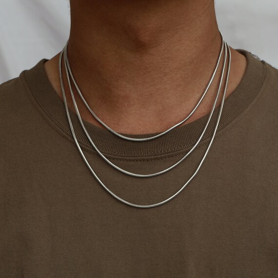 メンズネックレス、シルバースネークチェーンネックレス 2mm 薄型