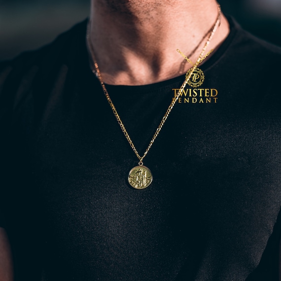 St Christopher Necklace - Men's Gold Round Pendant In Brand New