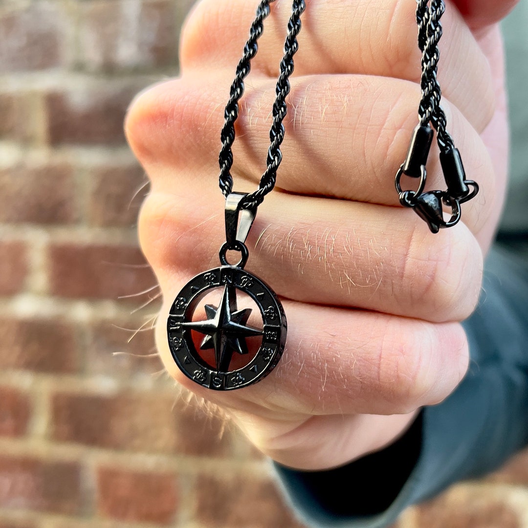 Mens Necklace, Mens Black Necklace, Black North Star Compass Pendant Mens Jewellery Black
