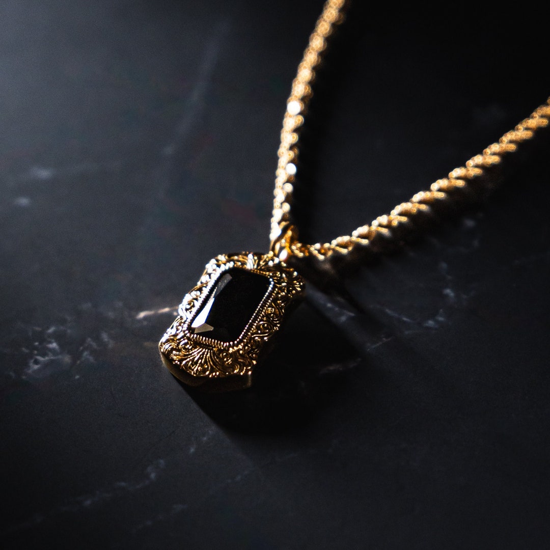 Black Gem Pendant Necklace - 18K Gold Large Patterned Pendant for