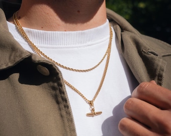 T Bar Necklace - 18K Gold T-Bar Pendant Necklace For Men - 3mm Curb Chain with T Bar Charm - Mens Jewelry - By Twistedpendant