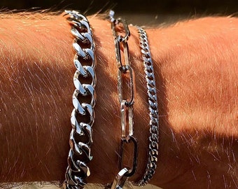 Silver Mens Bracelet Chain 8mm Cuban Link Chain Bracelet, Mens Silver Bracelet Chains, Heavy Link Stainless Steel Bracelets For Men