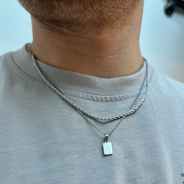 Mens Silver Necklace For Men - Mens Jewelry Gift Sets Silver Mens Minimalist Bar Pendant & Chain - Rope Chain With Small Silver Pendant