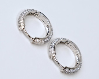 CZ Silver Hoop Earrings, Sterling Silver Hoops, 15mm Diamond Hoop Earring, Chunky Silver Hoops, Diamond Paved Hoop Earrings - Gifts For Her