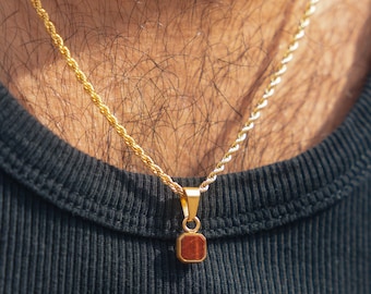 18K Gold Red Tigers Eye Pendant Necklace - Mens Gold Necklace - Gold Red Stone Necklace - Mens Jewelry - Small Red Tigers Eye Gem Pendant