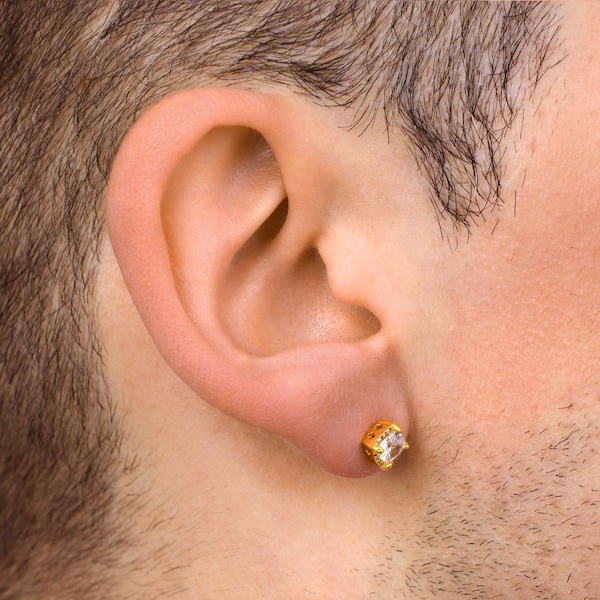 18K Gold Diamond Earrings, Mens Gold Earring, Stud Earring For Men, Gold Princess Cut Cubic Zirconia Square Stud Earring - Mens Jewellery