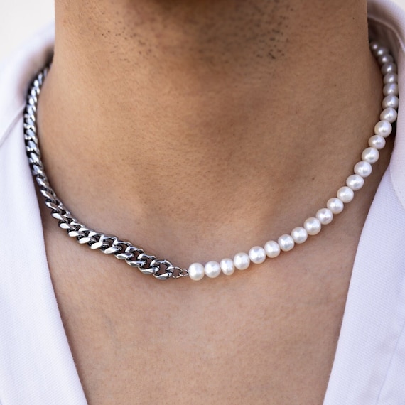 Stainless Steel Open Link and Half Baroque Pearl Necklace – Lireille