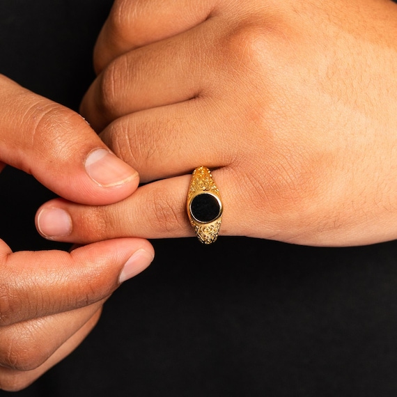 Mens Ring - 18K Gold Signet Ring for Men - Black Gemstone Ring