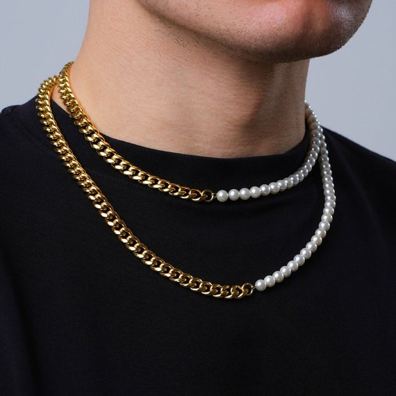 18K Gold Pearl Necklace Half Pearl Half Cuban Mens Gold Chain