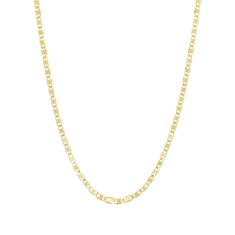May include: A gold chain necklace with a mariner link design.