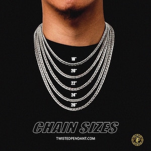 May include: A silver chain necklace in various lengths, from 18 inches to 26 inches, displayed on a model's neck. The image shows the different chain sizes available for purchase. The text "CHAIN SIZES" and "TWISTEDPENDANT.COM" are displayed below the image.