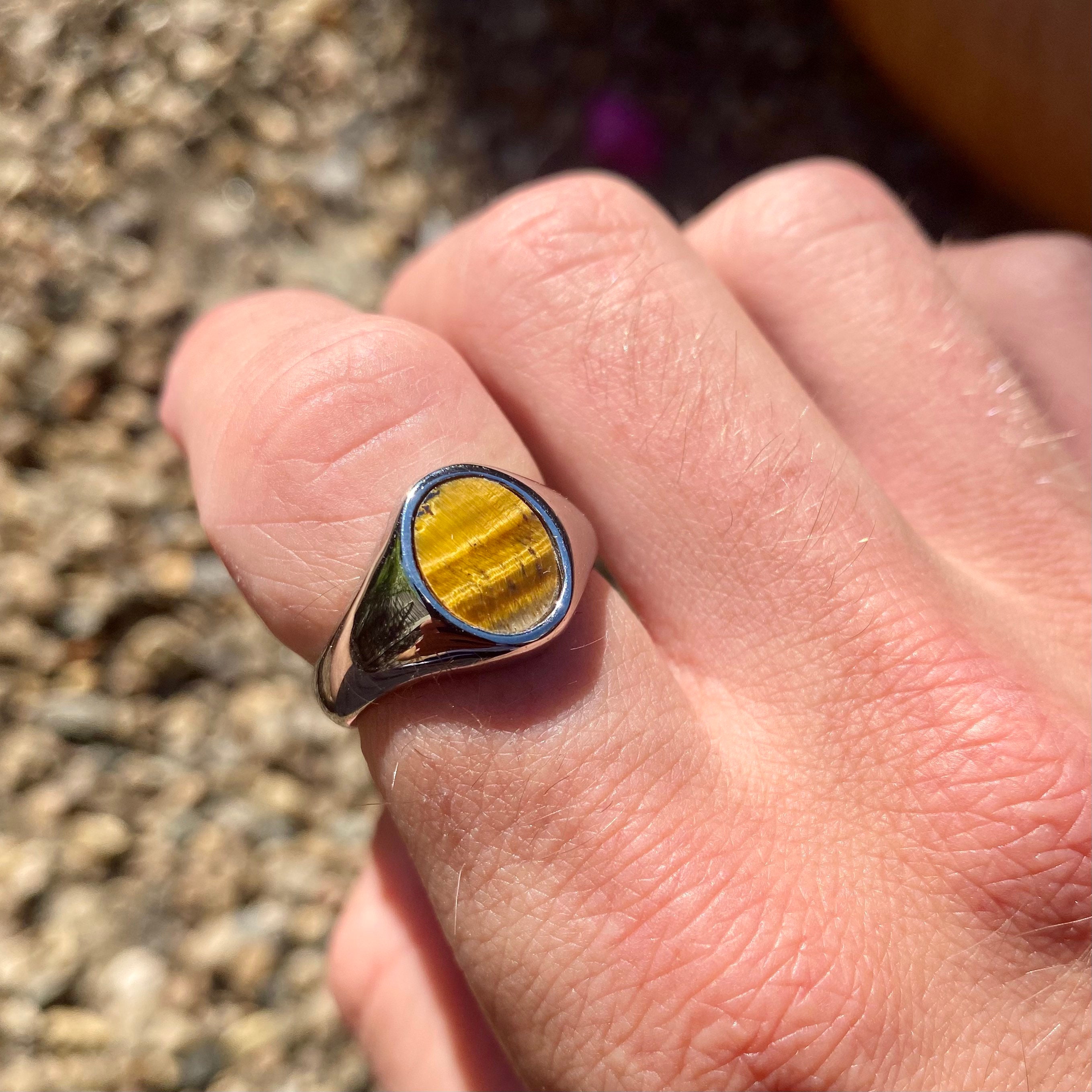 メンズリング - タイガーアイ シグネットリング - 18K ゴールドメッキ