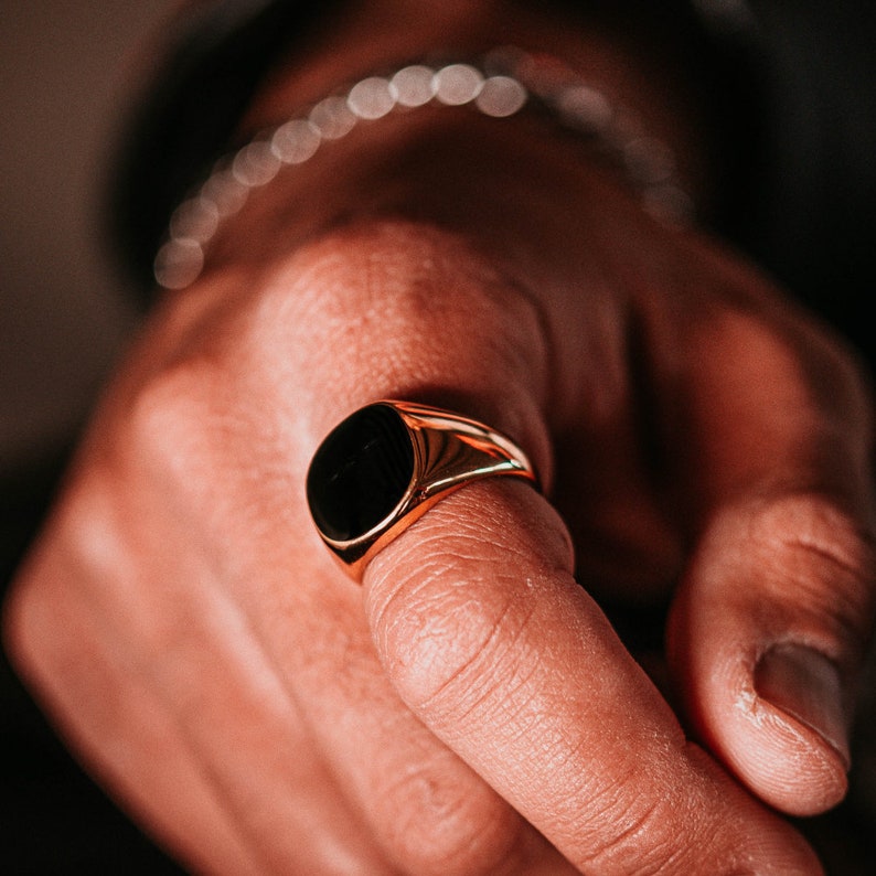 Mens Ring - Gold Signet Ring - Black Onyx Styled Ring - Man Ring- Mens Silver Ring - For Him Gift- Stainless Steel Ring - Gold Ring Men 