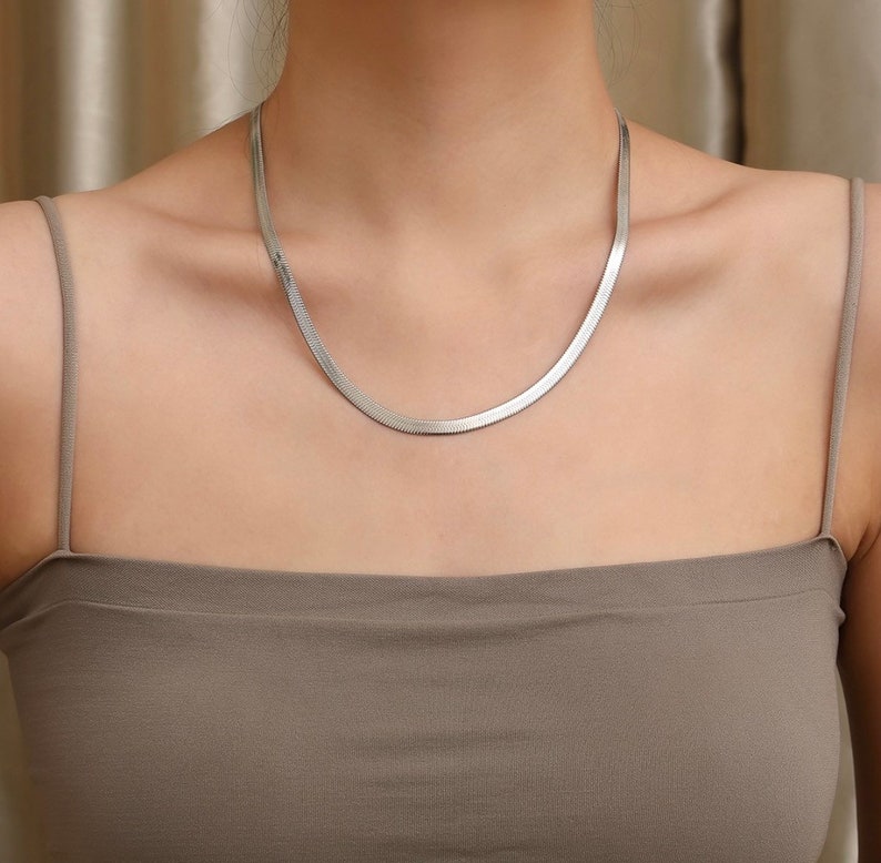 18K Gold Snake Chain Necklace, 5mm Flat Snake Layer Necklace Gold Chain, Gold Choker Necklace, Gold Herringbone Chain, 18K Gold Jewelry image 5