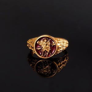 18K Gold St Michael Signet Ring - Mens Ring - Red Saint Michael Sovereign Style Ring For Men - Mens Jewellery - Guardian Symbol Gold Ring