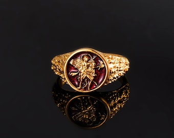 Anello con sigillo di San Michele in oro 18 carati - Anello da uomo - Anello rosso stile sovrano di San Michele per uomo - Gioielli da uomo - Anello in oro con simbolo del guardiano