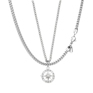 May include: A silver-toned necklace with a compass pendant. The pendant features a star design and is surrounded by a circular frame. The necklace has a chain-link style and a clasp closure.