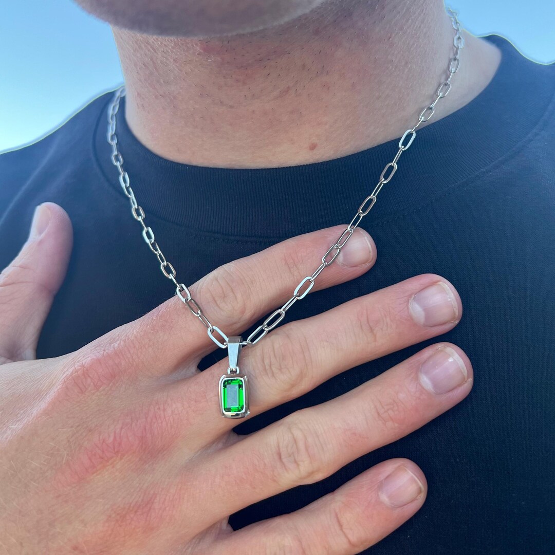 Silver Green Emerald Styled Pendant Necklace for Men Mens