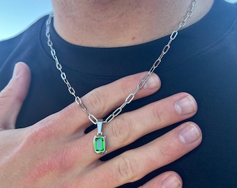 Silver & Green Emerald Styled Pendant Necklace For Men - Mens Necklace - Silver Chain With Green Gemstone Necklace - Mens Silver Necklace