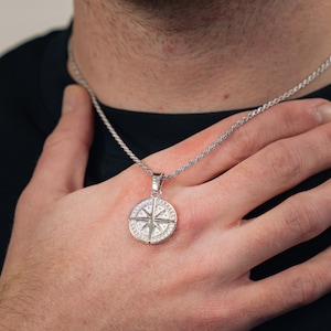 Silver Compass Pendant Necklace - 925 Sterling Silver Compass Necklace For Men - Round Pendant With Chain Minimalist Necklaces - Men Jewelry