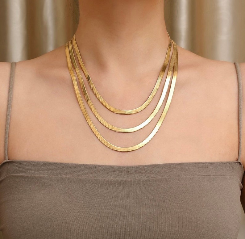 18K Gold Snake Chain Necklace, 5mm Flat Snake Layer Necklace Gold Chain, Gold Choker Necklace, Gold Herringbone Chain, 18K Gold Jewelry image 1