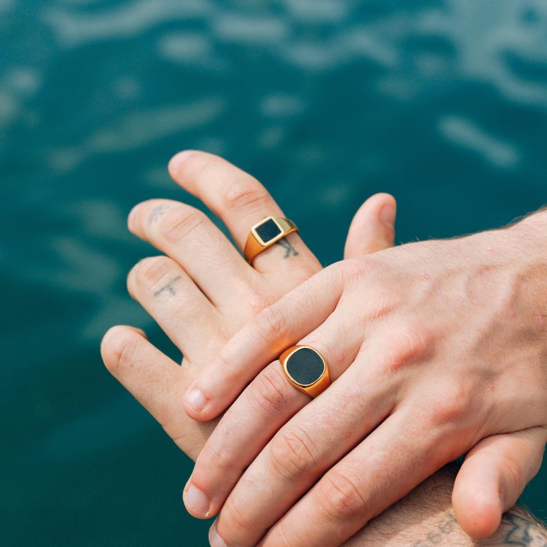 Mens Ring - 18K Gold Square Onyx Signet Ring for Men, Minimalist ...