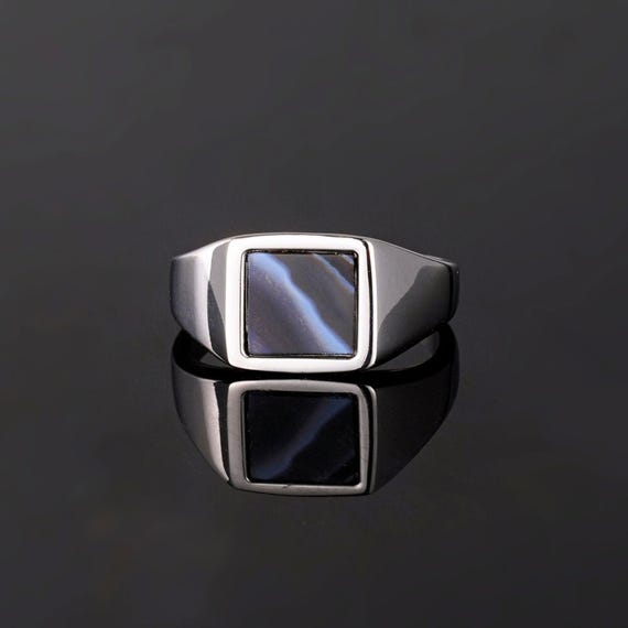 Mens Ring - Small Silver Square Onyx Signet Ring Men - Mens