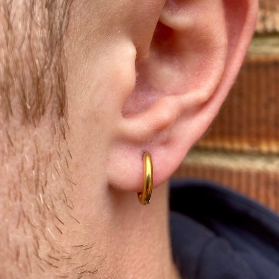 Mens Gold Hoop Earrings 18k Gold 12mm Mens Mini Huggie Hoop