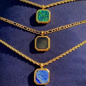 18K Gold Necklace, Green Opal Stone Pendant, Mens Gold Necklace, Square Gemstone Pendant Men, Gold Necklace For Men, Gold pendant Men UK