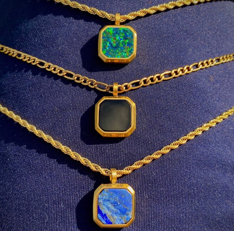 18K Gold Necklace, Green Opal Stone Pendant, Mens Gold Necklace, Square Gemstone Pendant Men, Gold Necklace For Men, Gold pendant Men UK