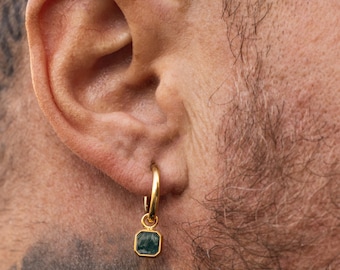 Mens Earrings - Moss Agate Gem Earring - 18K Gold Hoop Earring For Men - Mens Jewellery - Gold Small Dangle Earrings - By Twistedpendant