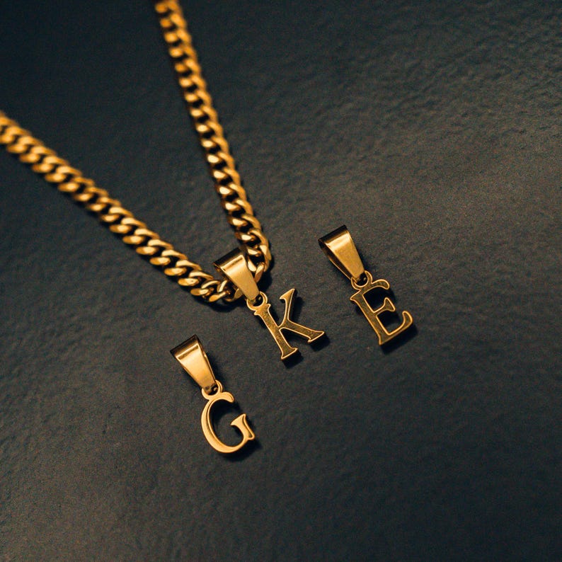 18K Gold Initial Necklace, Mens Initial Necklace, Gold Cuban Chain With ...