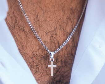 Collar con cruz para hombre - Colgante de cruz de plata de ley 925 para hombre - Colgante de cruz simple - Collar con dije de cruz pequeña - Joyería para hombre