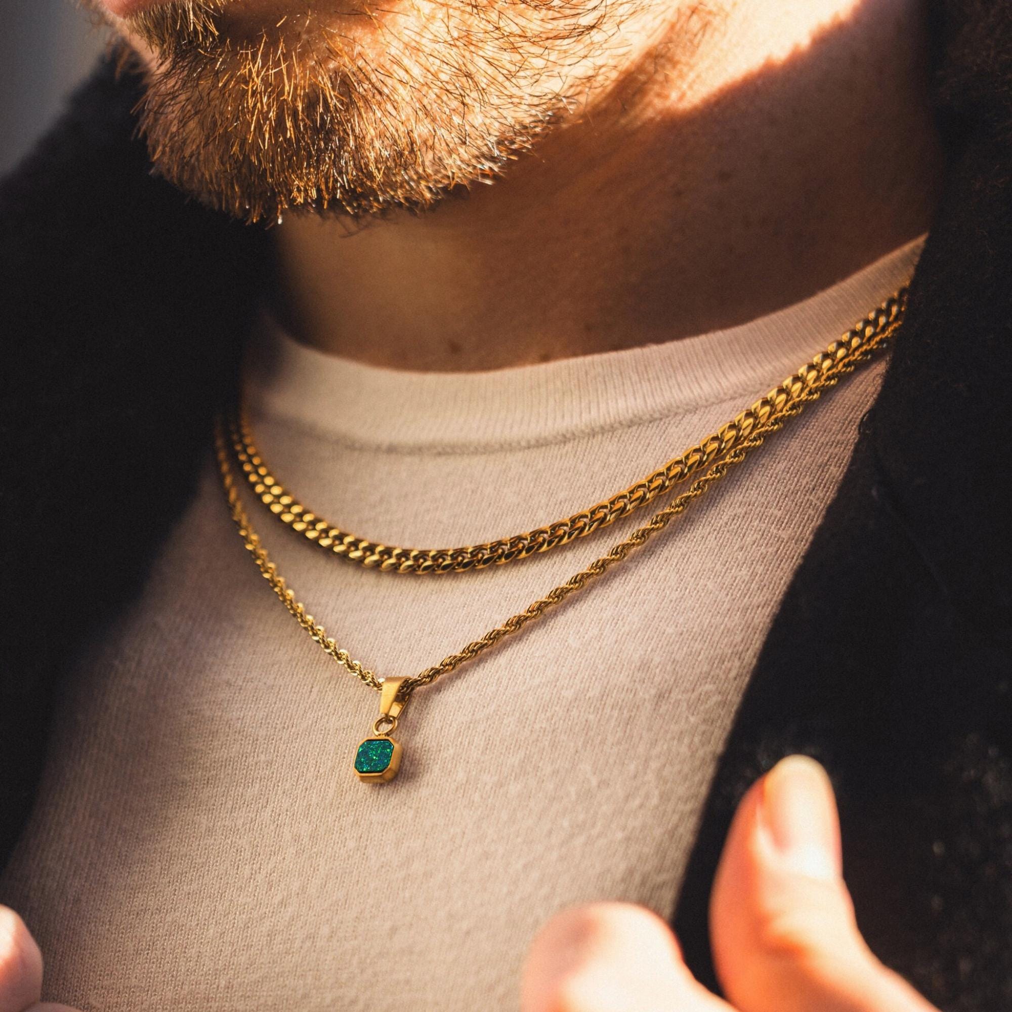 Minimalist Opal Necklace - 18K Gold Opal Pendant Necklace For Men - Green Opal Gemstone Necklace - Mens Jewelry - Chain With Pendant Gift UK