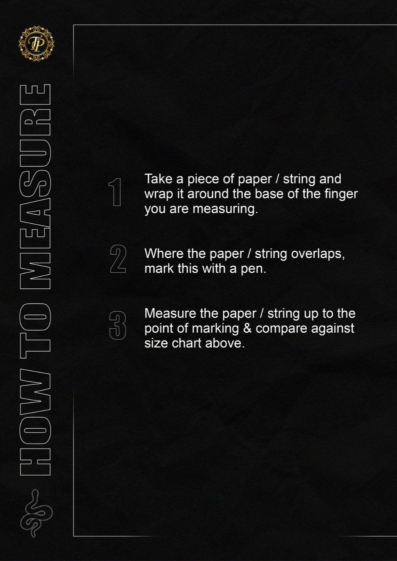 Op de afbeelding: Zwart-witte afbeelding met instructies over hoe je een vinger kunt meten met een stuk papier of touw. De stappen zijn genummerd 1, 2 en 3.