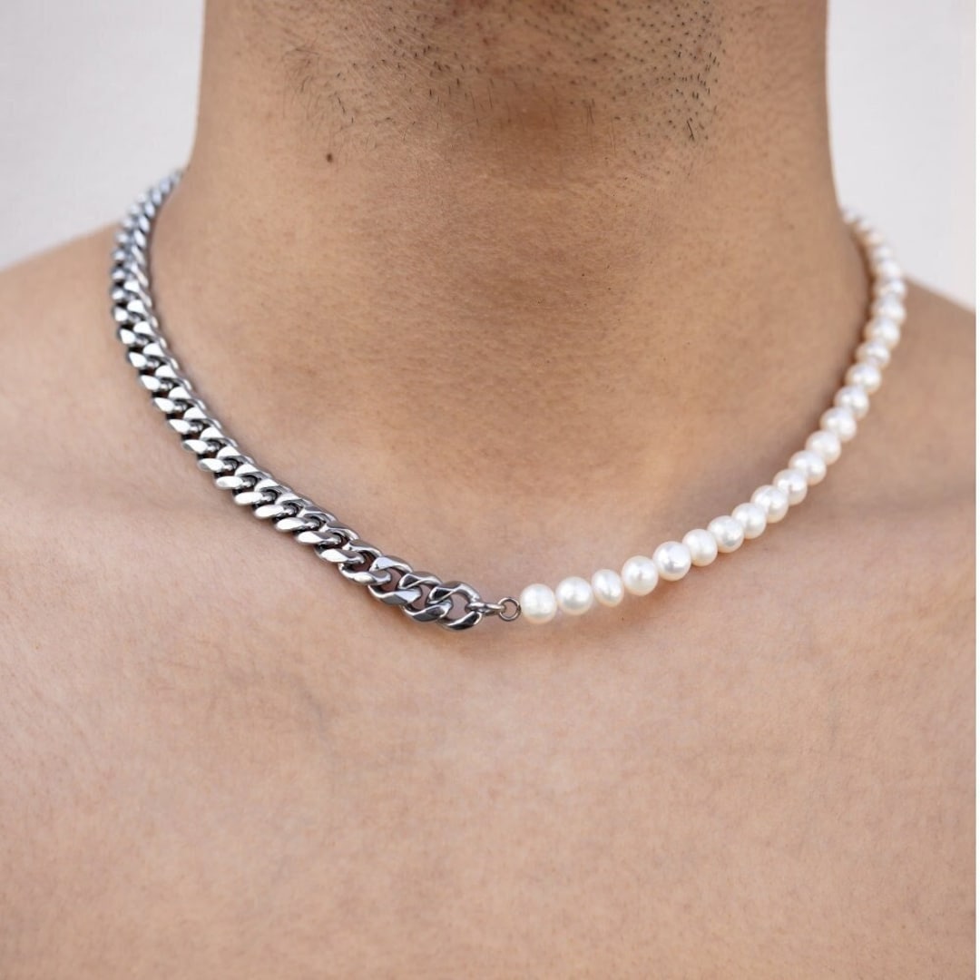 Mens Pearl Necklace, Half Pearl & Silver Cuban Chain, Freshwater