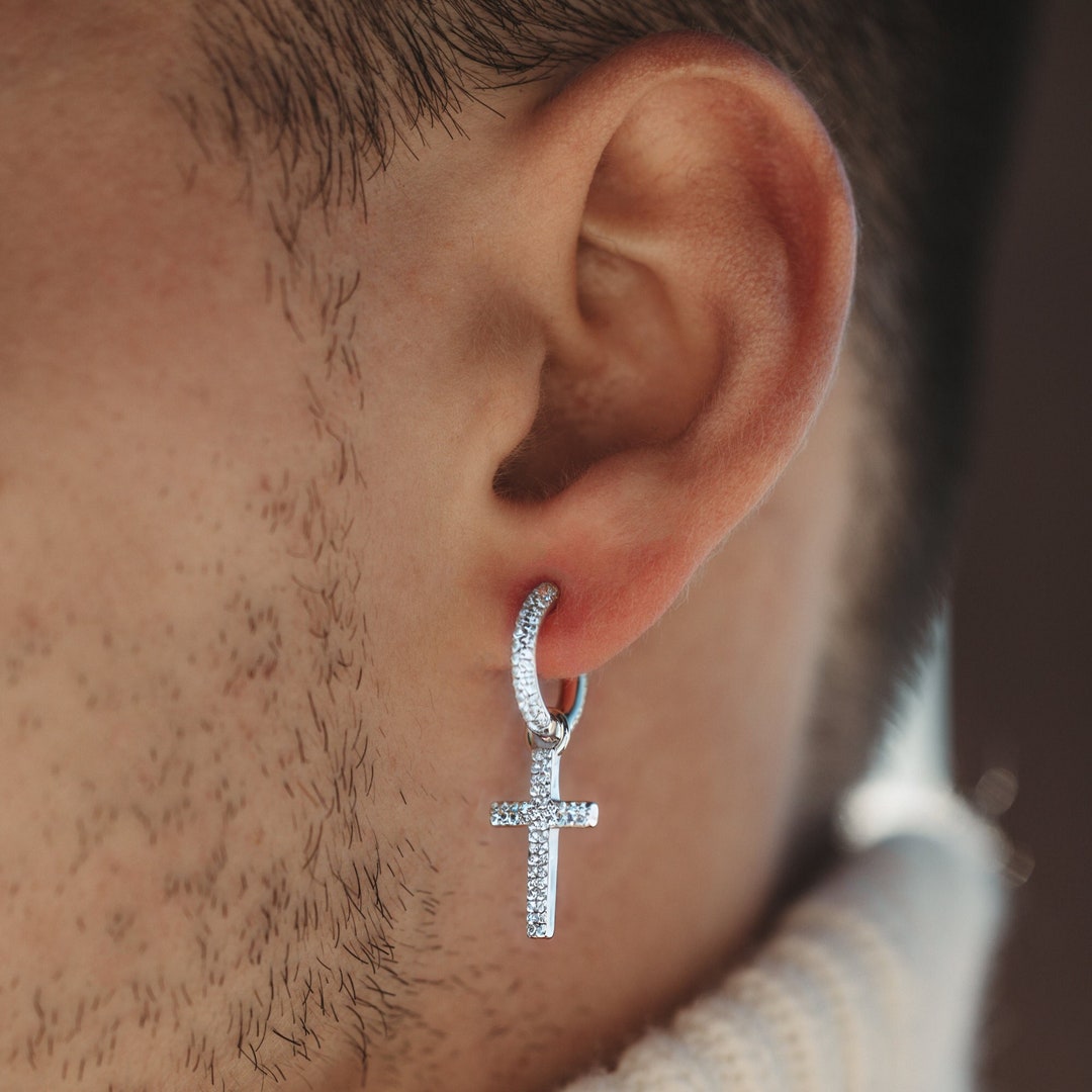 Drop Earrings Diamond Cross Hoop Earrings Mens Cross Mens Dangle