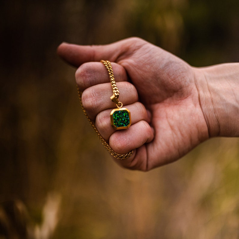 18K Gold Necklace, Green Opal Stone Pendant, Mens Gold Necklace, Square Gemstone Pendant Men, Gold Necklace For Men, Gold pendant Men UK