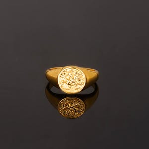 May include: A gold signet ring featuring a circular face with an embossed design of a figure on horseback. The ring has a polished, smooth band that tapers toward the back, reflecting clearly on the dark surface beneath the jewelry piece.