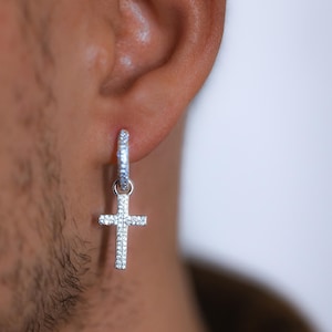 Cross Earring - 925 Sterling Silver Cross Earring - CZ Diamond Cross Hoop Earring For Men - Simple Cross Earrings - Womens Cross Earrings
