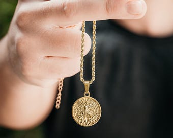 Gold Saint Michael Necklace For Men - Mens Necklace - St Michael Pendant Necklace - Mens Jewelry - 18K Gold ST Michael Chain Pendant Gifts