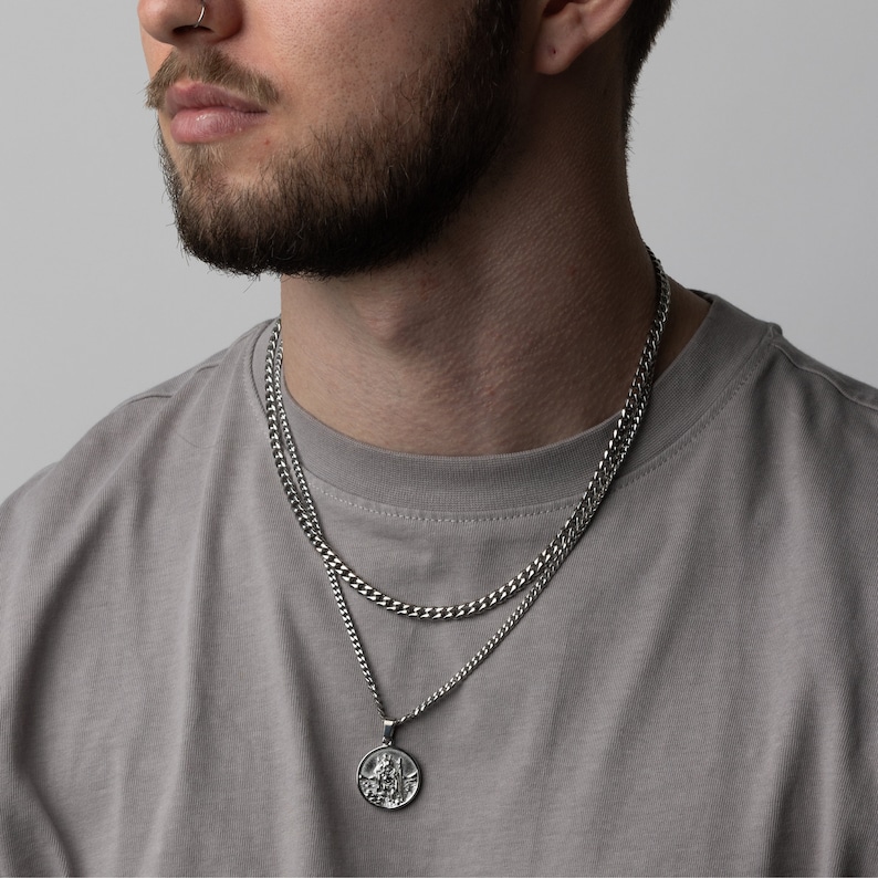 Mens Necklace - Silver Saint Christopher Pendant Necklace for Men ...