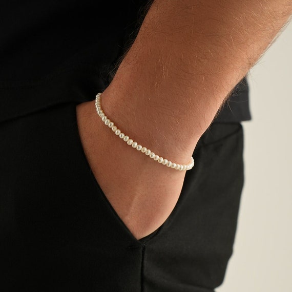 Mens Bracelet White Pearl Bracelet for Men Thin Pearl Bracelet Minimalist Jewellery Pearl Chain Bracelet by Twistedpendant Etsy