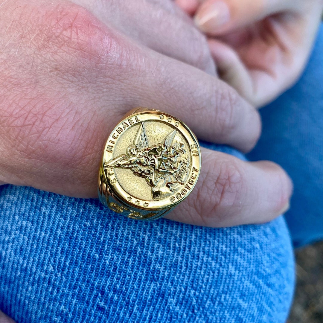 Mens Gold Ring, 18k Gold Ring Men, Gold Man Ring, Protect Us St
