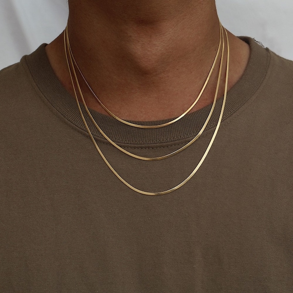 18k Gold Snake Chain Necklace, 2mm Flat Snake Layer Necklace Gold Chain, Gold Choker Necklace, Gold Herringbone Chain, Thin Gold Plain Chain