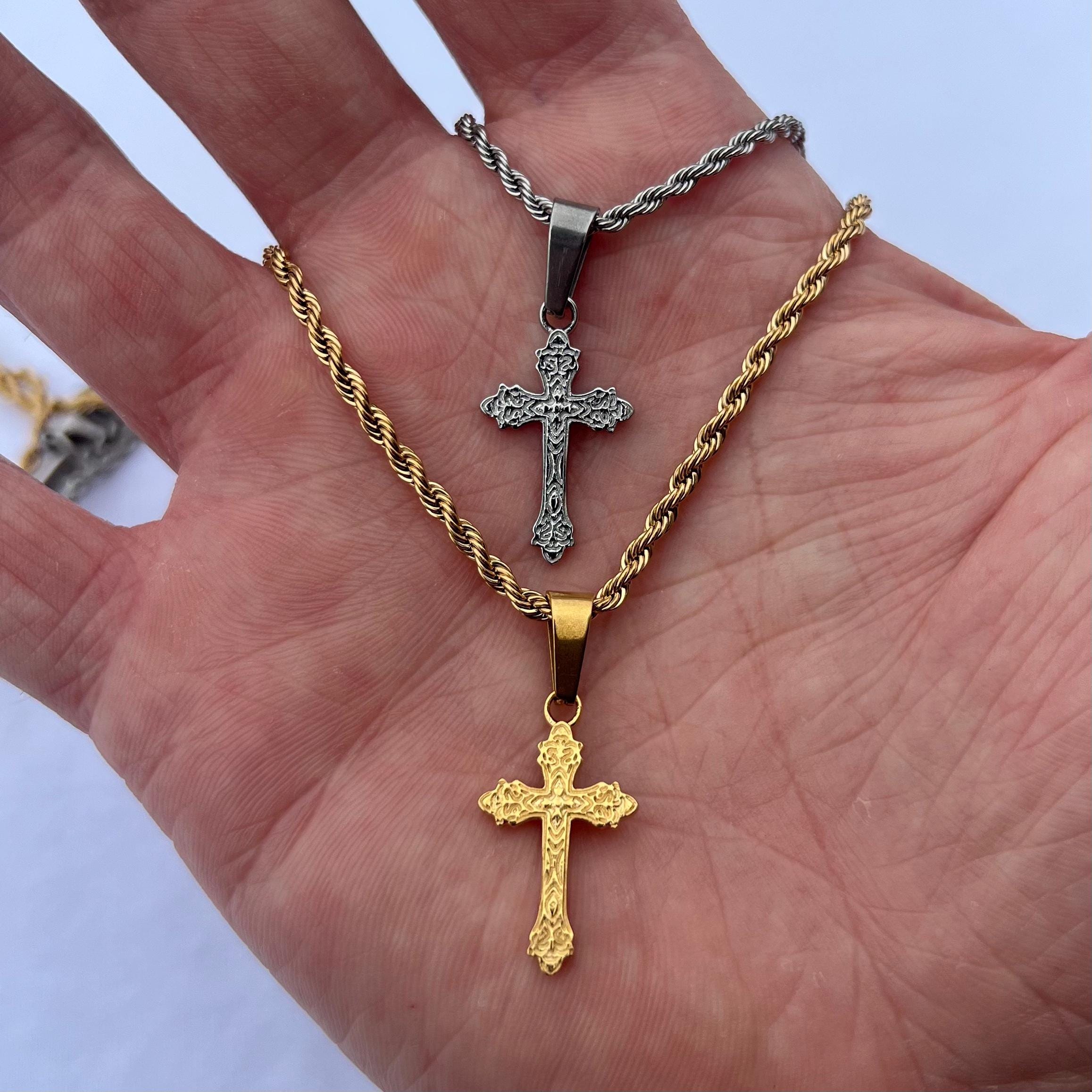 Gift For Men IRONBOX 925 Sterling Silver Cross Necklace For Men Women Stainless Steel Diamond Cut Durable 5MM Cuban Link Chain And 2.5MM Rope Chain Beveled Edge Crucifix Pendant Necklace Jewelry 16