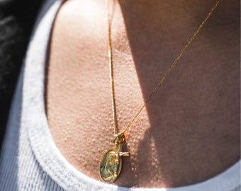 18K Gold Virgin Mary & Crucifix Necklace - Cross Necklace + Virgin Mary Pendant Necklace For Men - Gold Catholic Pendant - Mens Jewellery