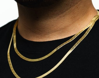 Mens Necklace - Silver 5mm Flat Snake Chain Necklace - Greek Key