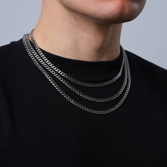 Silver Cuban Necklace Chain, 18K Gold Curb Chain for Men Silver Cuban Necklace Chain, 18K Gold Curb Chain for Men